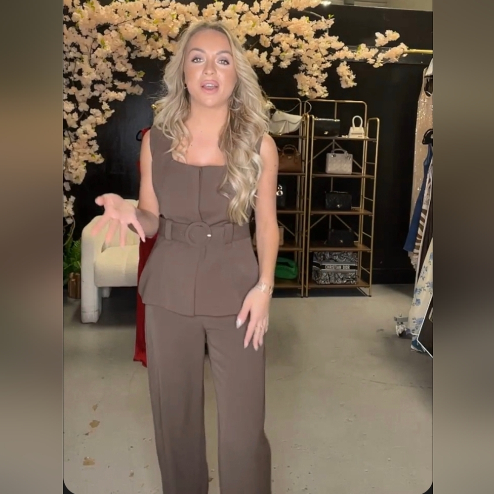Miami O’clock Boutique Brown Tailored Belted Vest Wide Leg Pant Set Vogue Vibes